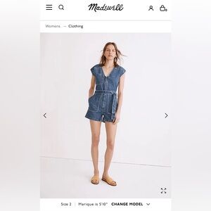 Madewell Zip Front Denim Romper size 6/V-neck Pockets Sleeveless